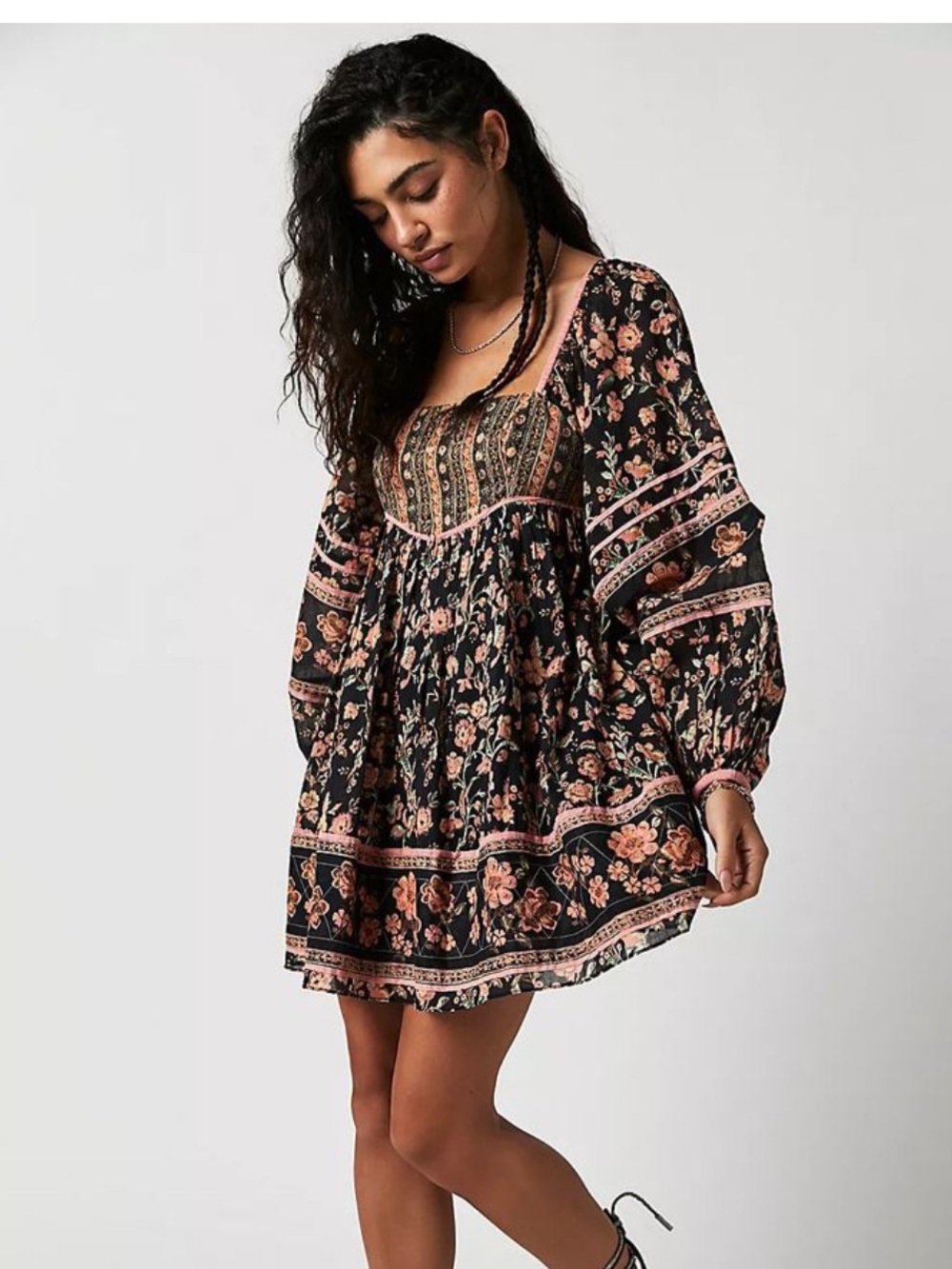 Free People Black Mini Dress with Blush Floral Print